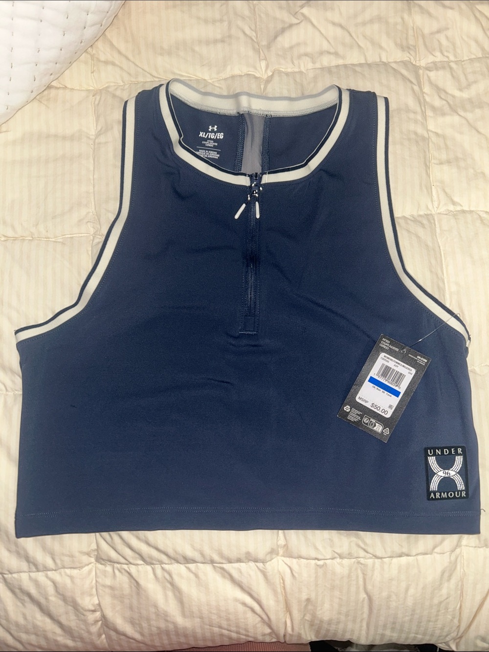 Under Armour Navy and White Zip Crop Athletic Tank